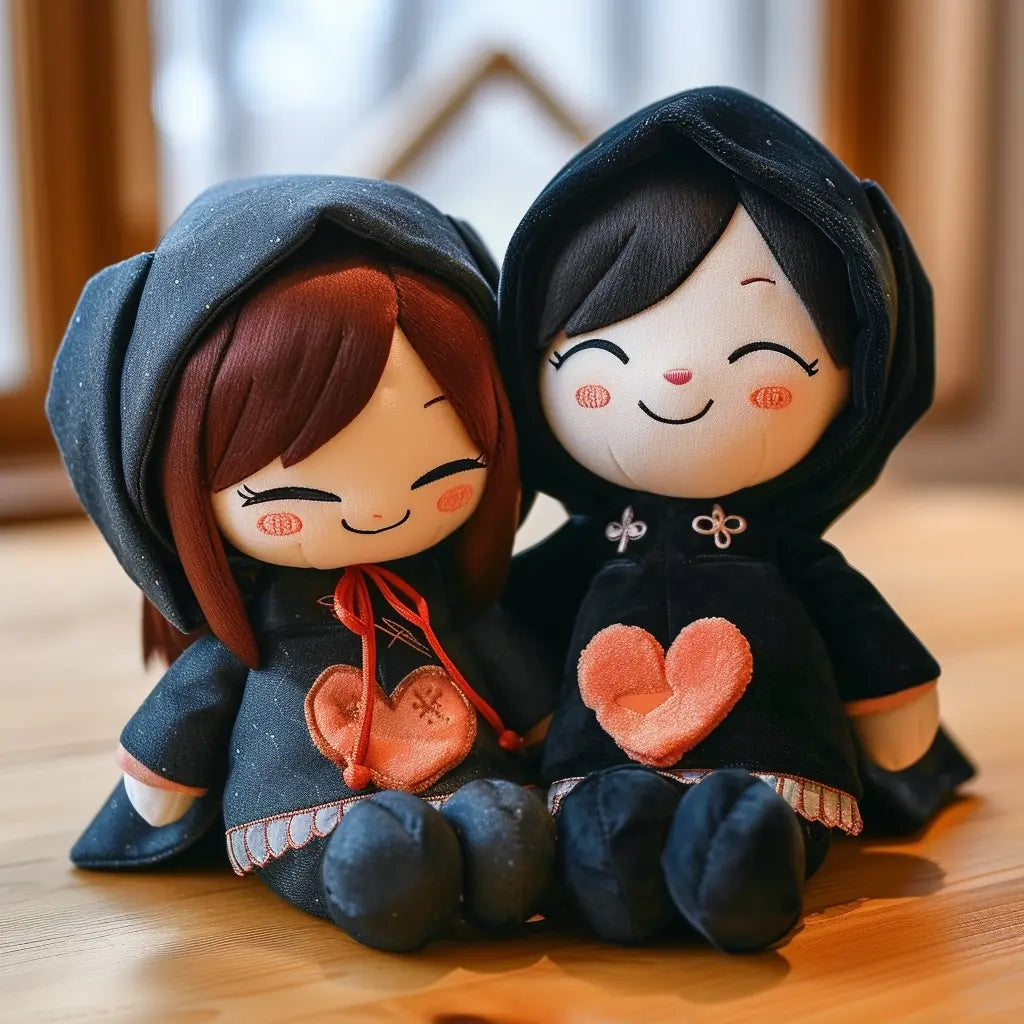 cute Valentine’s Day couple plushies, in the style of anime  cute Valentine’s Day couple plushies, in the style of anime