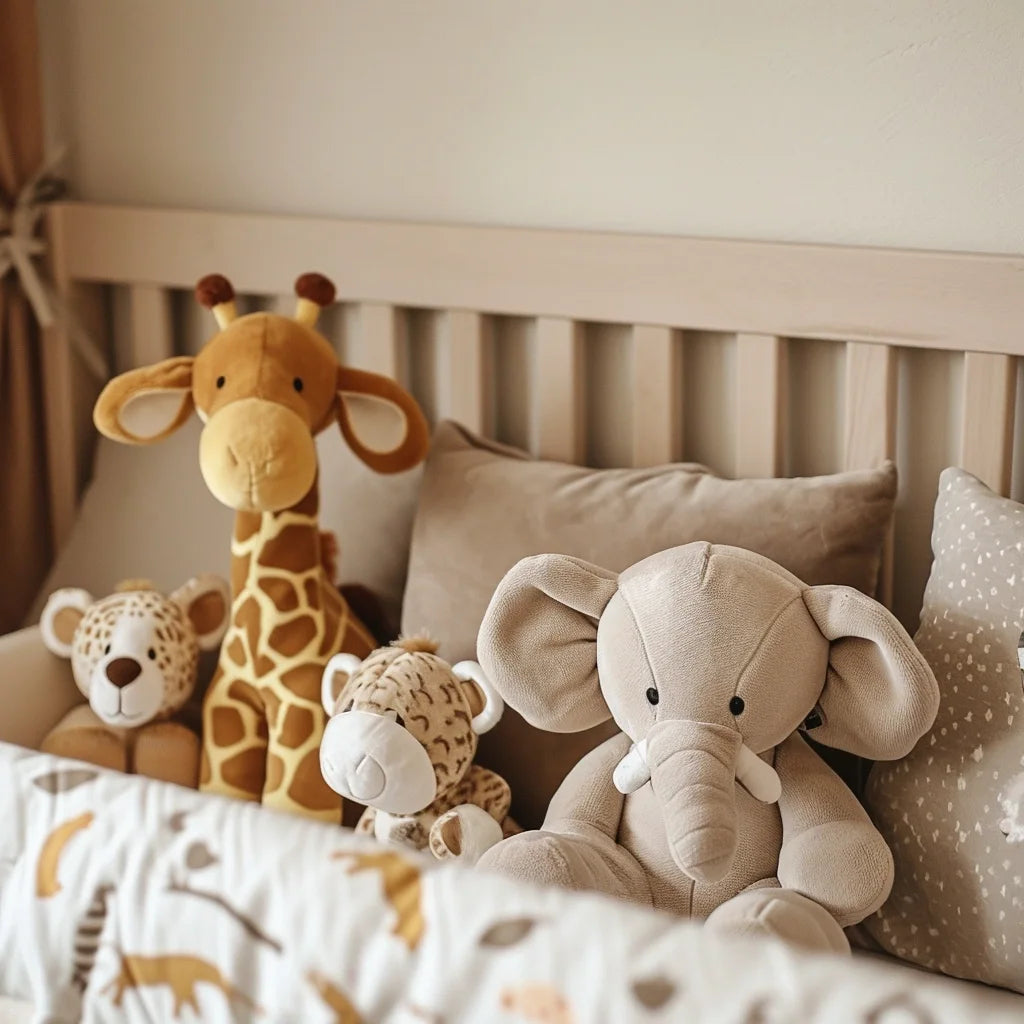 detailed photography of a beige safari theme baby bedroom, cute savannah animals plush  detailed photography of a beige safari theme baby bedroom, cute savannah animals plush