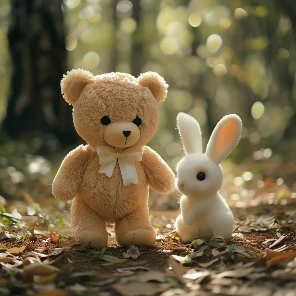 a cute Teddy bear and a white raby stand toghther, forest, natural light, catoon style