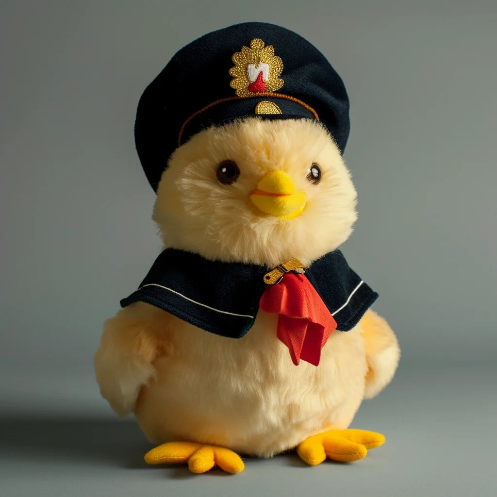 a studio photograph of cute plushie toy. The plushie is a chicken dressed in an admiral's uniform.