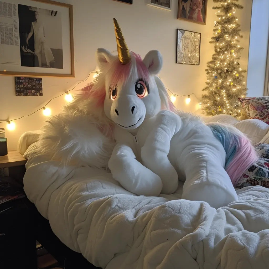large cute pony fursuit, entry zipper visible, indoors, resting on bed, cozy lighting  large cute pony fursuit, entry zipper visible, indoors, resting on bed, cozy lighting