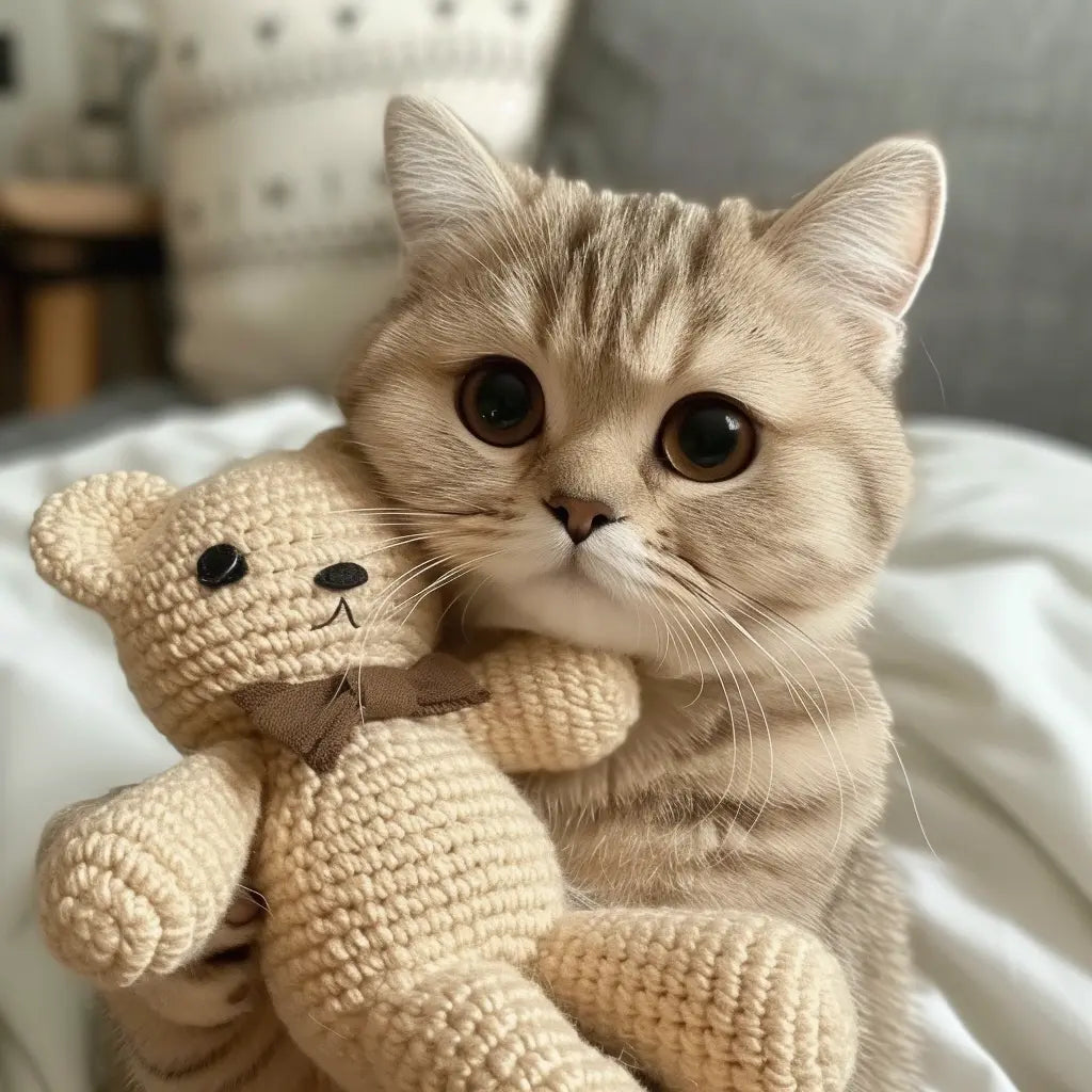 A cute round eyed cat holding a doll