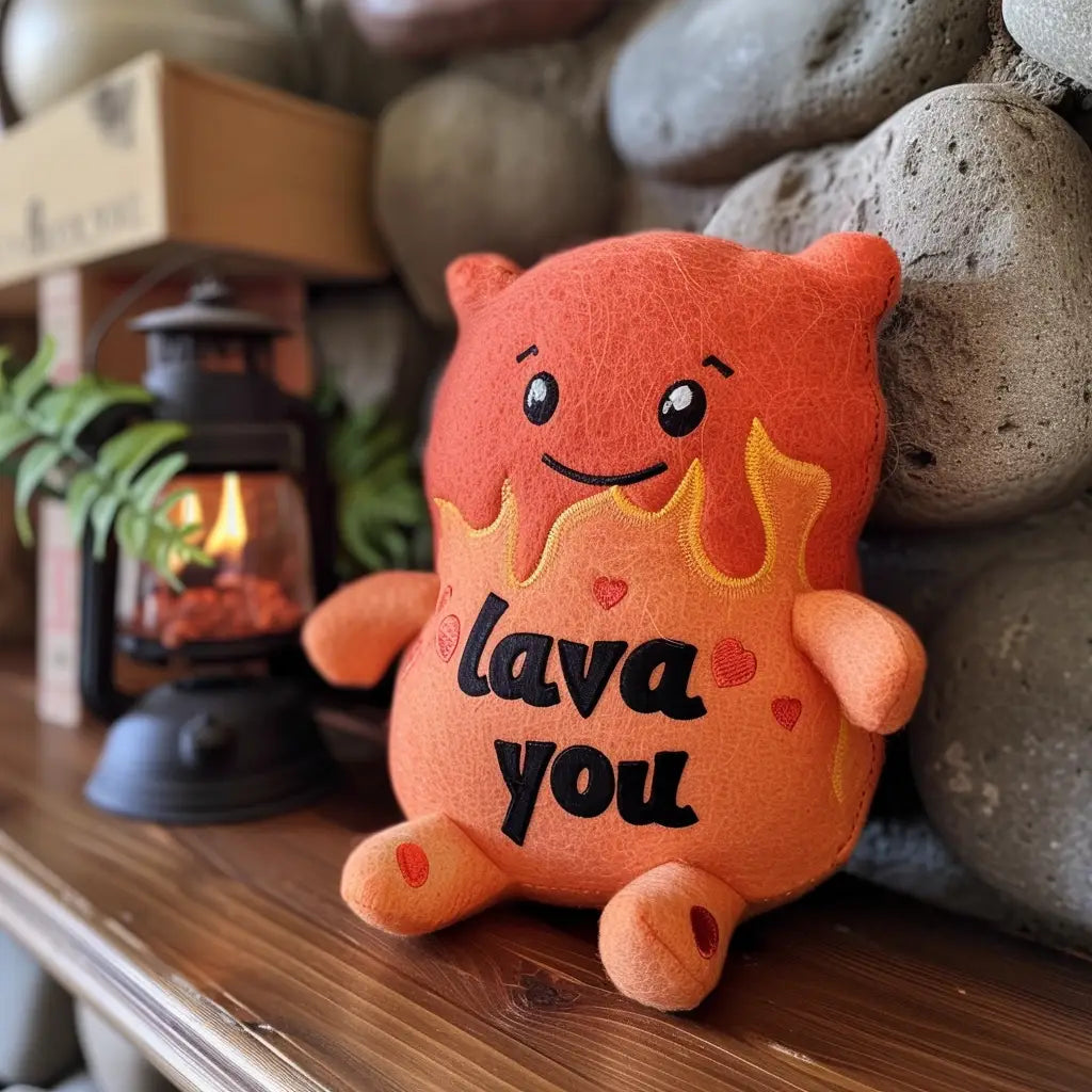sewn plushie of lava with the phrase "I lava you" 