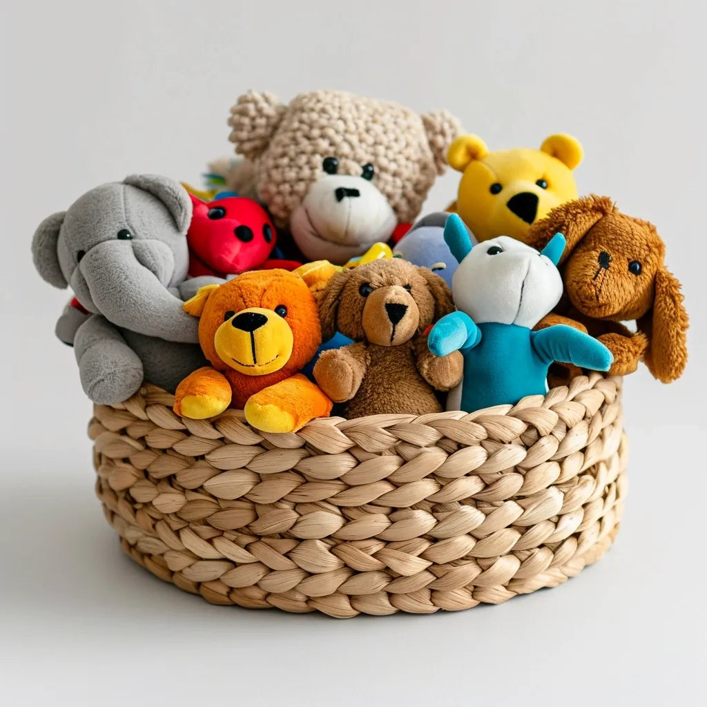  12w a basket of plush toys, tug toys, squeeky toys on a white background