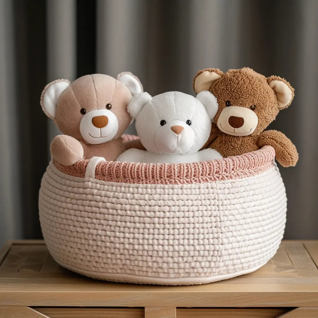 three beautiful soft large toys in a round fabric basket that stands, side and top view