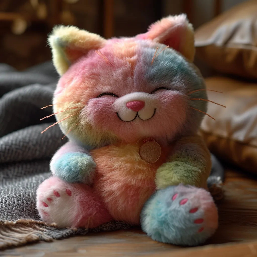 a rainbow colored cuddly toy pet smiling