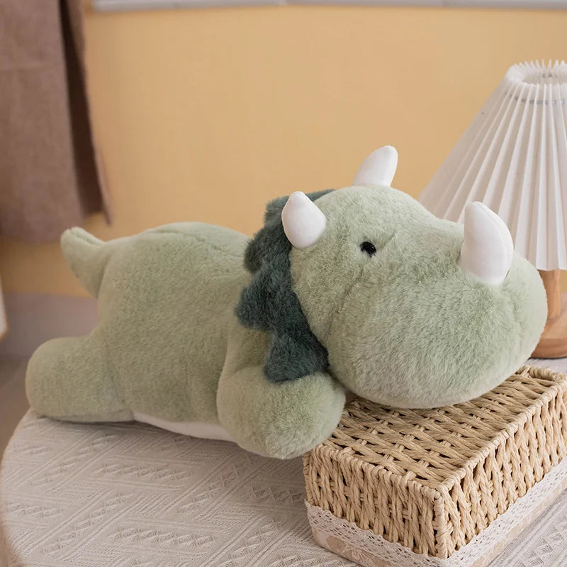 Green Triceratops Dinosaur Plush Toy - Soft Lying Animal